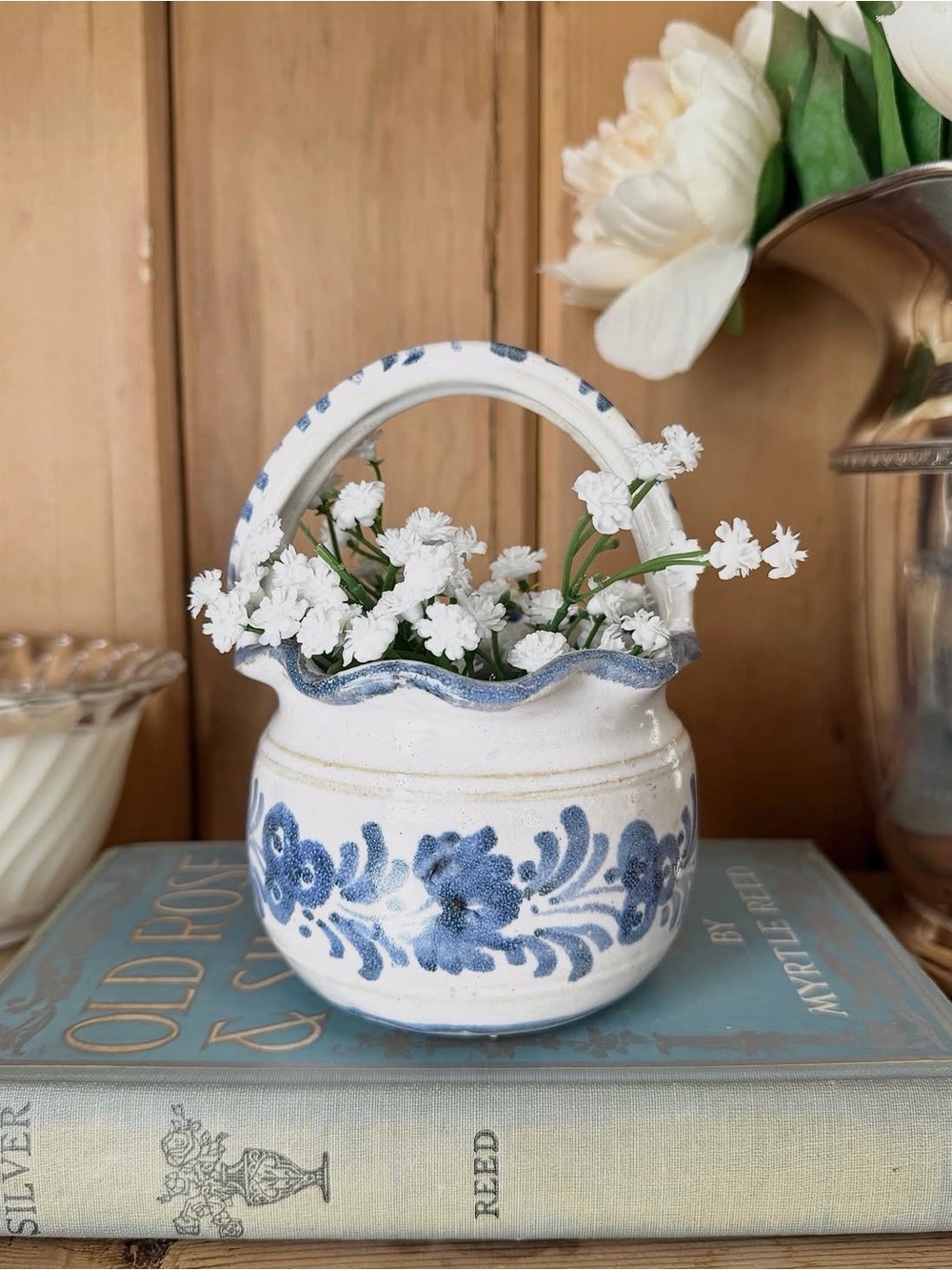 Vintage Blue and White Floral Ceramic Basket with Ruffled Rim